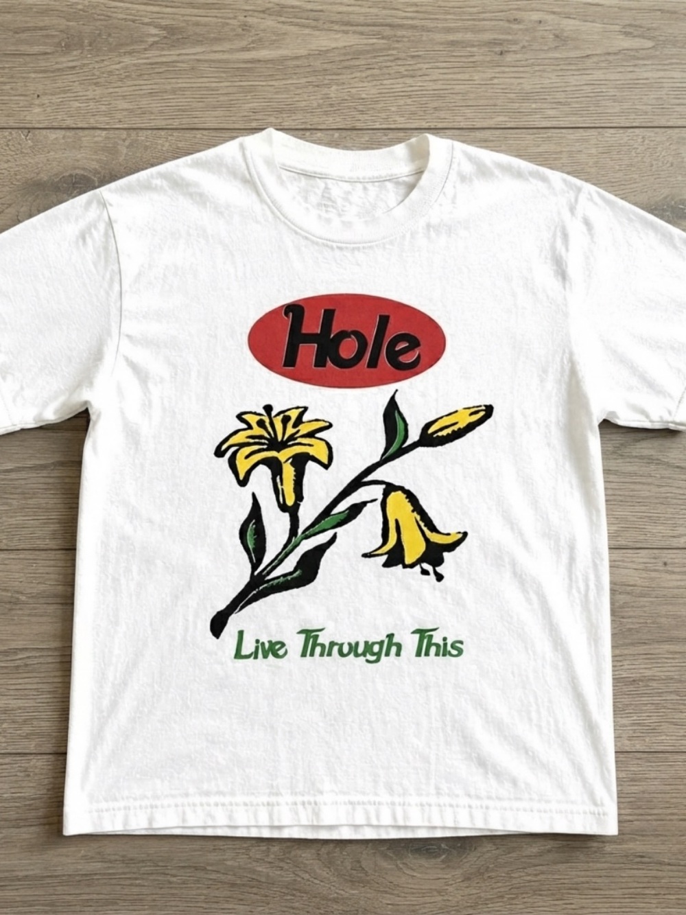 Gildan White Tee with Red Logo and Yellow Floral Graphic